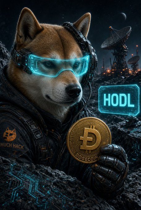 A digital artwork of a Shiba Inu dog dressed in futuristic cyberpunk armor with glowing cyan visor goggles, holding a large gold Dogecoin, with a 'HODL' hologram and 'MUCH HACK' text visible.