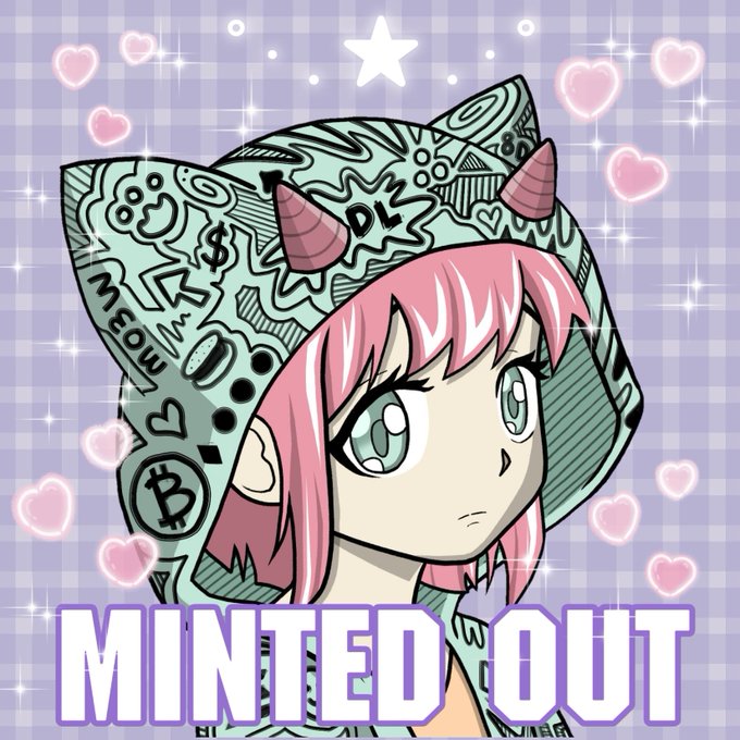 Anime-style illustration of a pink-haired girl with horns wearing a graffiti-covered hat, with the text 'MINTED OUT' displayed at the bottom.