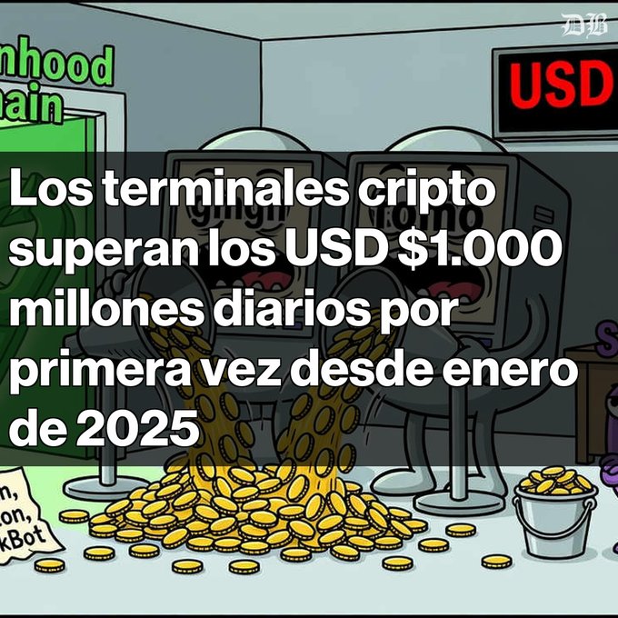 An animated image showing cartoon characters pouring gold coins from betting/gambling machines, with a "USD" sign on the wall, illustrating the post's headline that crypto terminals exceeded USD $1 billion daily for the first time since January 2025, with the Spanish overlay reading "Los terminales cripto superan los USD $1.000 millones diarios por primera vez desde enero de 2025."