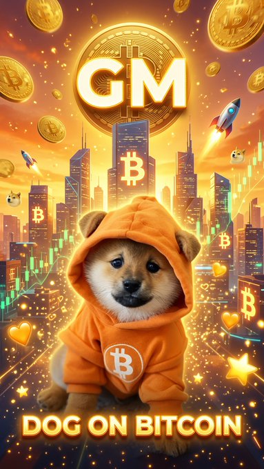The image features a small brown dog wearing an orange hoodie, sitting next to a large gold coin with the words "GMP" written on it. The background of the image shows a city skyline at sunset, creating a visually appealing contrast between the dog's warm colors and the cool tones of the sky. The caption below the image reads: "dog on bitcoin".