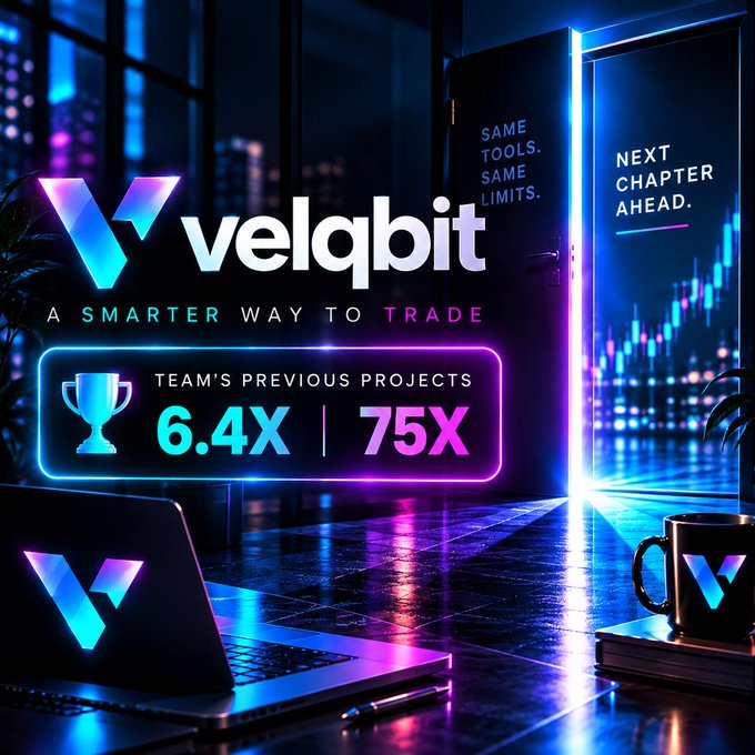 A promotional graphic for 'velqbit' displays the tagline 'A SMARTER WAY TO TRADE' and highlights 'TEAM'S PREVIOUS PROJECTS' with stats '6.4X | 75X' on a neon-lit background.