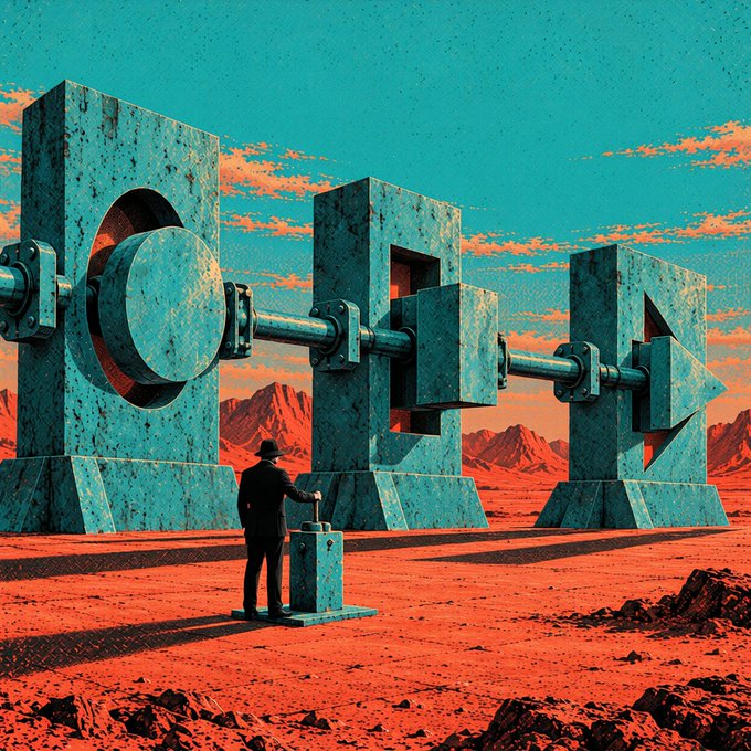 A man in a suit and hat stands before a control panel in a red desert, manipulating three massive interconnected stone and metal structures shaped like an oval, square, and arrow that represent the linked covenants orchestrated through Argent on Kaspa's L1. The machinery and the operator's hand on the lever symbolize how developers define and combine multiple covenant rules into unified on-chain contracts.
