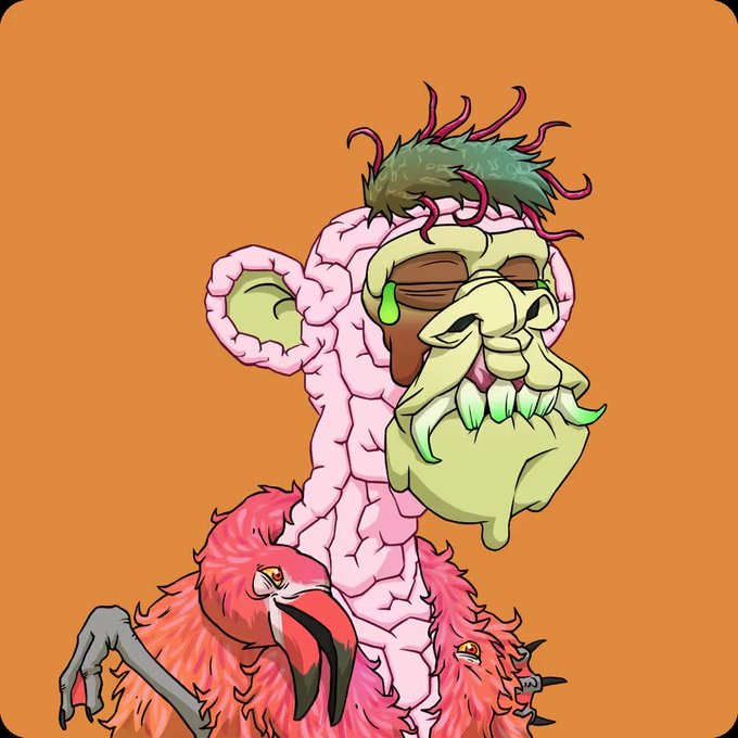 A surreal cartoon illustration of a grotesque, mutated creature with a long neck, a brain-like head topped with green hair and pink tendrils, drooping green eyes, and a body covered in pink fur and flamingo heads.