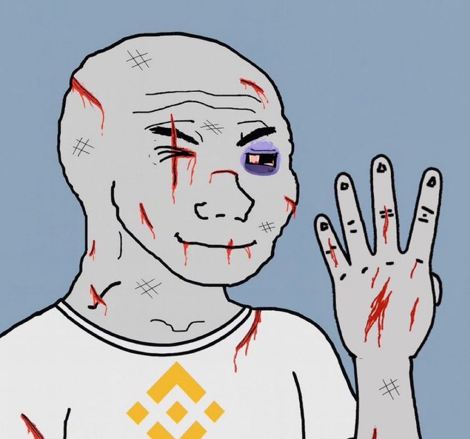 An illustration of a bald character with a bruised eye, scars, and bloodstains, holding up an 'OK' hand gesture while wearing a white shirt with a yellow Binance logo.