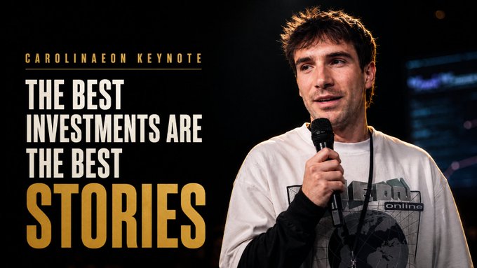A man speaks into a microphone on stage, with overlay text reading "CAROLINAEON KEYNOTE: THE BEST INVESTMENTS ARE THE BEST STORIES," highlighting the memorable crypto presentation noted in the post.