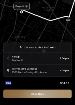 A ride-sharing app screen showing a ride to Terry Black's Barbecue at 1003 Barton Springs Rd, Austin, arriving in 6 minutes for $14.17.