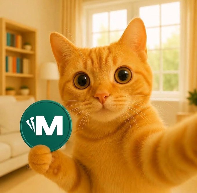 An AI-generated image of an orange tabby cat holding up a green circular token with a white 'M' logo in a bright living room setting.