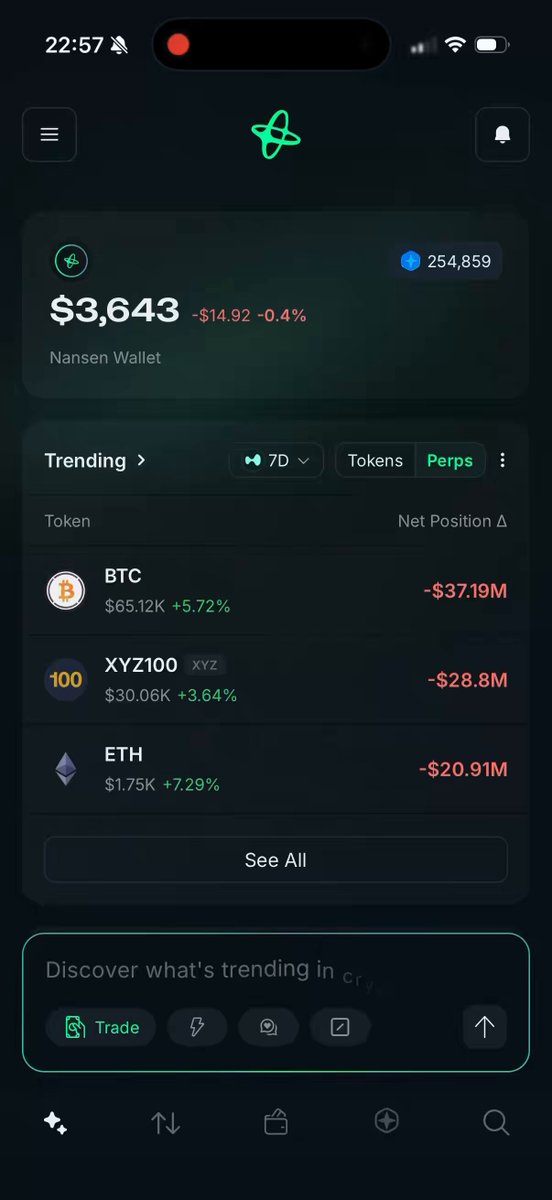 The image shows a phone screen displaying a trading platform that has a blue background, green cursive text, and various icons for different cryptocurrencies and market data. The main focus of the screen is the word "vibe", which could possibly be an indicator or name of a cryptocurrency being displayed in the platform's interface. The post seems to be discussing the trading experience on this particular trading platform, specifically about Solana with Bitcoin as one of its options. The image does not provide enough information to determine whether the user is engaged in actual trading activities or just exploring the platform features and data.