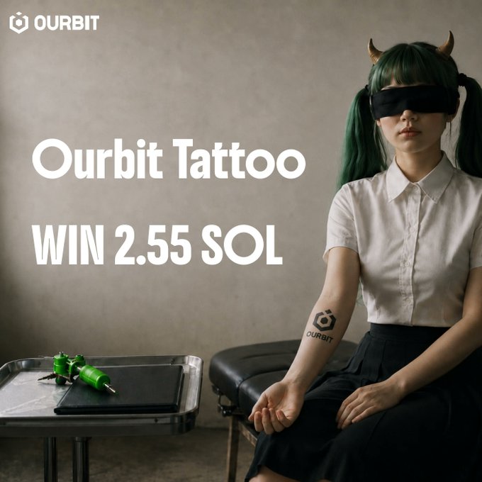 An Ourbit promotional image showing a green-haired anime-style character with a blindfold getting an 'Ourbit Tattoo' to win 2.55 SOL.