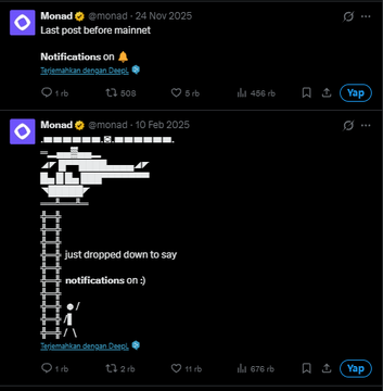 The image shows two tweets from the Monad (MONAD) Twitter account, with the top one from November 24, 2025 reading "Last post before mainnet" and the bottom from February 10, 2025 announcing "notifications on," both referencing "Synexalhisan donan Degen." The posts suggest an impending mainnet launch for the Monad project, aligning with the caption's teaser about a "big week just around the corner."