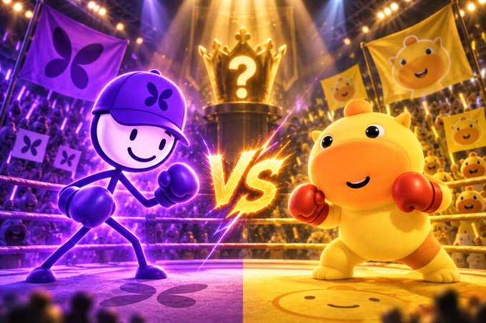 A vibrant digital illustration of a boxing match featuring two cartoon characters—one purple with a cap and one yellow and round—both wearing boxing gloves in a ring with 'VS' between them.