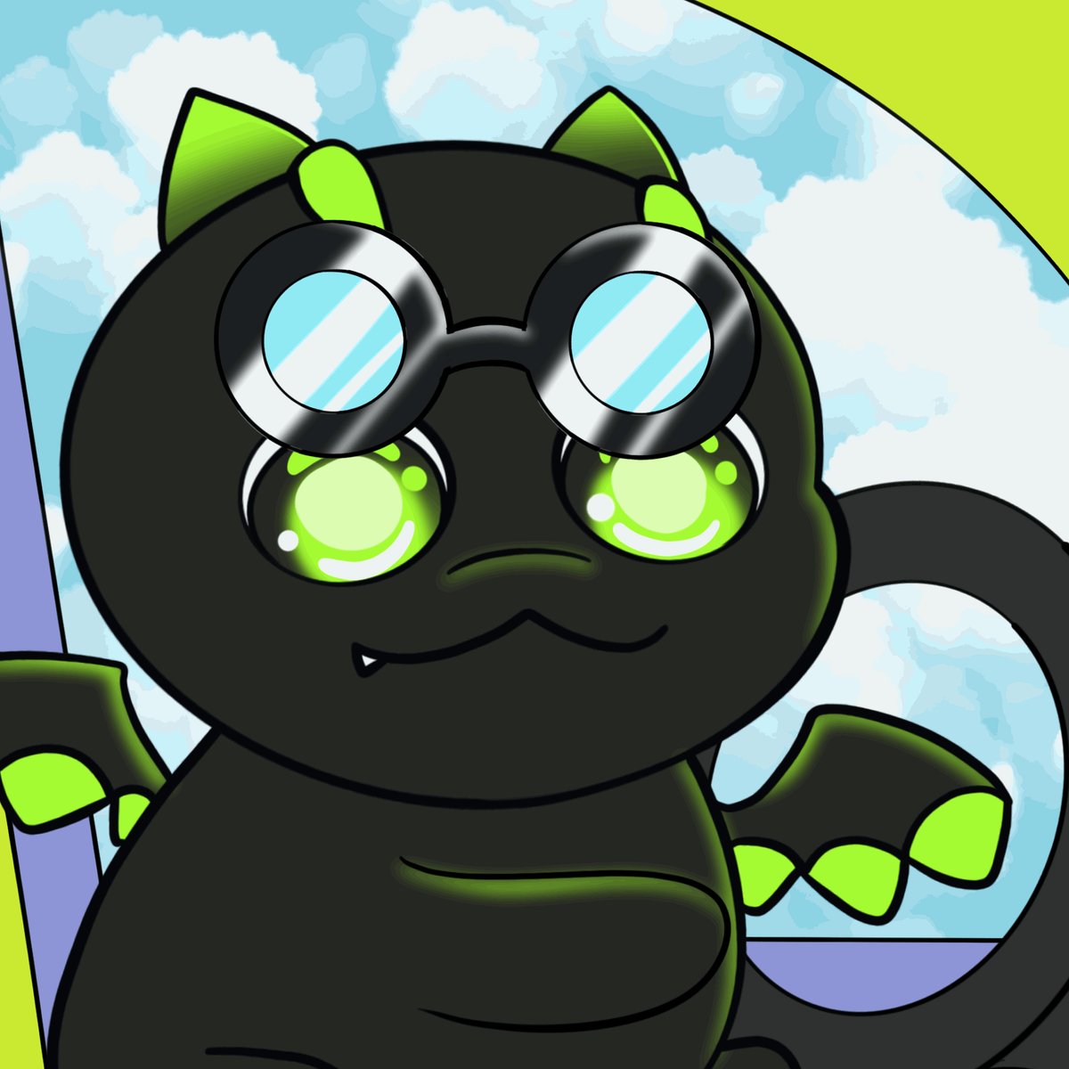 The image features a cartoon cat with green eyes, wearing glasses that are tinted yellow or green. The cat appears to be smiling at the camera, giving off a friendly vibe. In the background, there's a blue sky with clouds, adding depth to the scene and creating an overall sense of tranquility. The post includes text about Raiku chads Happy Hump Day and mentions that it is "scorching hot outside today but trust me, it's nothing compared to the heat Raiku is bringing right now Raiku is cooking the biggest Solana circuit ever this week".