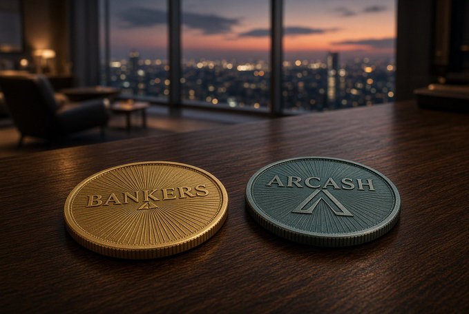 Two branded coins—one gold reading 'BANKERS' and one silver-green reading 'ARCASH'—rest on a wooden table with a city skyline at sunset visible through a window in the background.