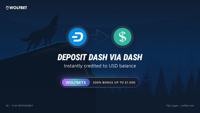 WOLFBET promotional banner announcing a new Dash integration, featuring a wolf howling against a night sky, with "DEPOSIT DASH VIA DASH" text, a Dash-to-dollar conversion graphic, and a 200% bonus offer up to $1,500 for the WOLFBETX code.