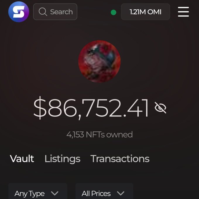 A screenshot of what appears to be an NFT wallet interface showing a balance of $86,752.41 with 4,153 NFTs owned, 1.21M OMI token balance displayed at the top.