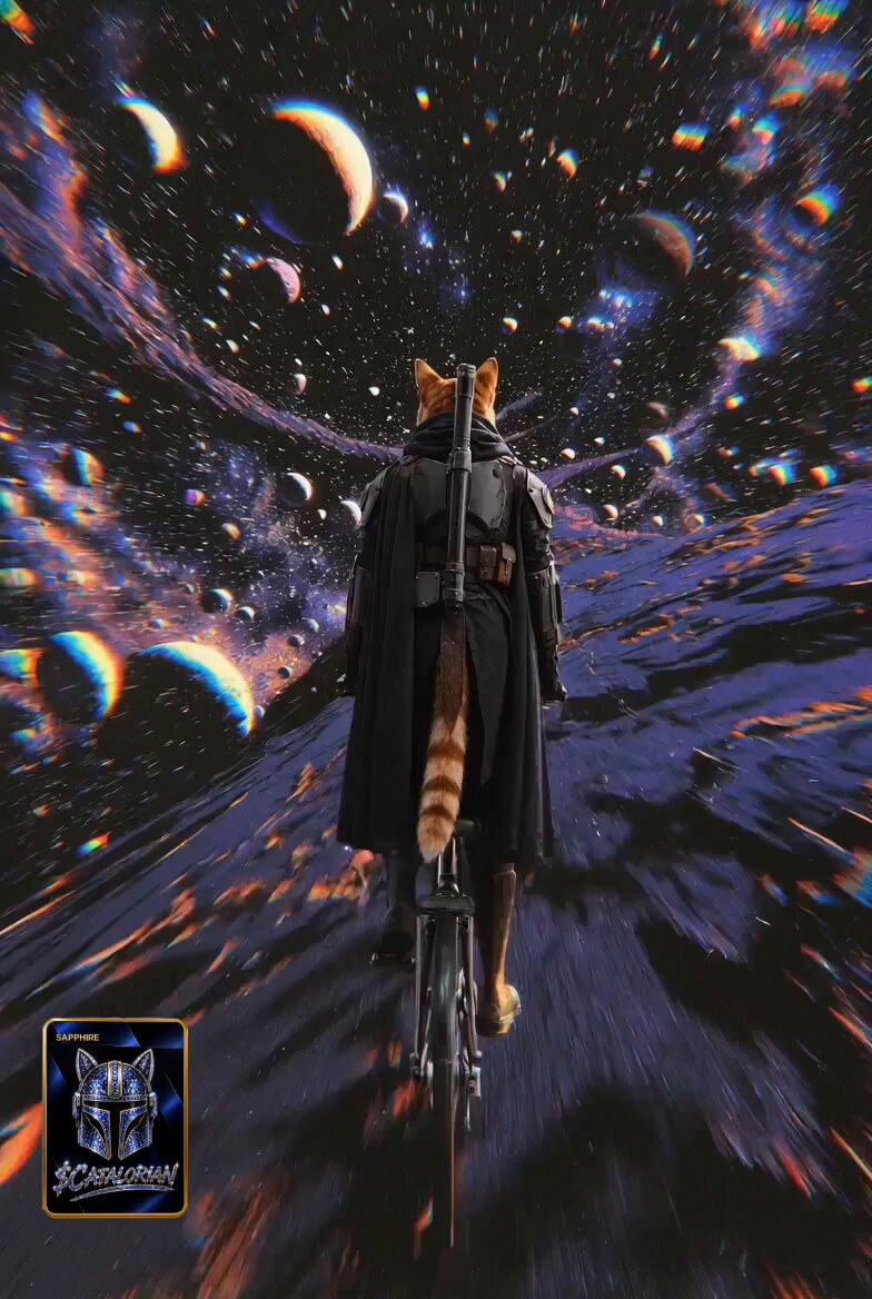 The image features an orange cat riding a bicycle through space with planets floating around it. The cat appears to be wearing a cape or coat, giving it a regal appearance as it travels through this otherworldly environment. The background of the image is filled with stars and planets, creating a sense of depth and vastness that complements the cat's journey. The caption below the image reads "Focus on what is in the image and how it relates to the post", which suggests that the image may be related to a specific message or theme within the context of the post.