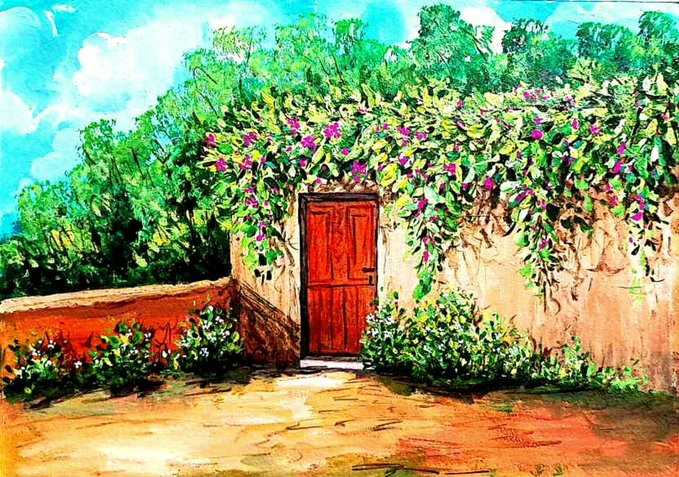 The image features a red door with green plants growing around it, situated between two trees. The scene appears to be an outdoor painting or drawing of a house with a garden. The artwork is titled "Gm my fam ⚘" which translates to "My future is built in the hours no one sees." This phrase adds a sense of depth and meaning to the image, suggesting that the door serves as a symbol for the passage of time and the importance of making the most of every moment. The painting also includes elements such as a fence and a garden with purple flowers, which contribute to its overall visual appeal and message.