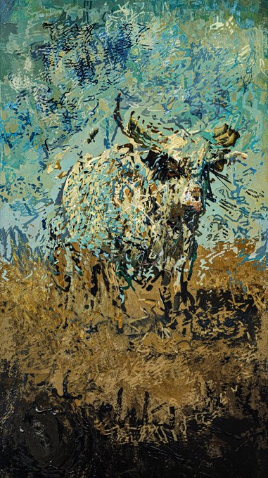An abstract impressionistic painting featuring a figure rendered in textured brushstrokes of blue, cream, and gold against a teal and brown background.