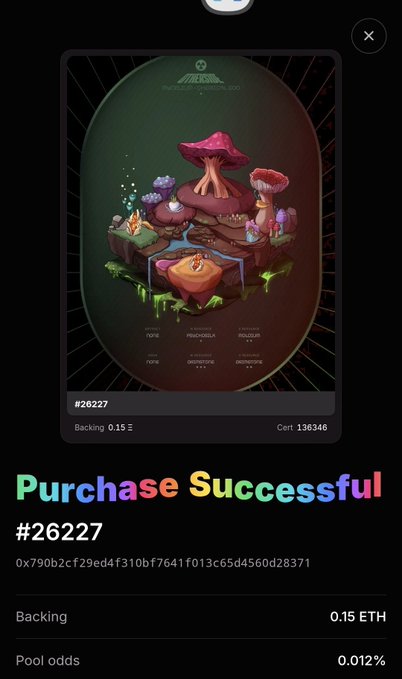 A mobile screen showing a 'Purchase Successful' confirmation for NFT #26227 with backing of 0.15 ETH and certificate 136346, featuring an illustration of a mushroom diorama with labeled roles like 'FOUNDING GOVERNORS', 'COUNCIL LEADERS', and 'PROTAGONISTS'.