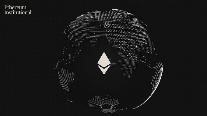A stylized black-and-white image features a dotted globe overlaid with the Ethereum logo, with "Ethereum Institutional" text in the upper left corner, visually representing the organization's global outreach to promote Ethereum adoption across international markets like South Korea.