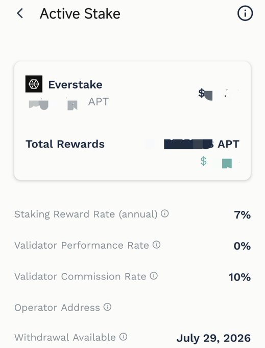 An active staking screen showing Everstake APT staking with 7% annual reward rate, 0% validator performance rate, 10% validator commission rate, and withdrawal available on July 29, 2026.