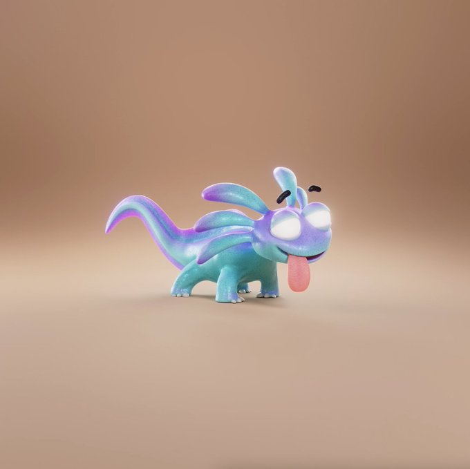 A 3D rendered cute cartoon axolotl creature with purple and teal coloring, large white eyes, and a pink tongue sticking out stands on a beige background.