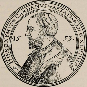 A black and white woodcut-style portrait of a bearded man in profile within a circular border, inscribed with 'HIERONYMVS CARDANVS AETATIS AN XLVIII' and dated '1553'.