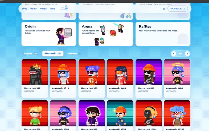 A blue-themed NFT marketplace interface displays a collection of pixel-art avatars labeled "Abstractio," with the "Abstractio" filter active showing various character designs including figures with flame hats, sunglasses, and different hair colors, numbered from #318 to #1288, alongside "Blupets" and "Artifacts" tabs and a wallet showing 0x26fD...c711, illustrating the in-progress ecosystem vision where Abstractio serves as human profile pictures and Blupets as creatures.