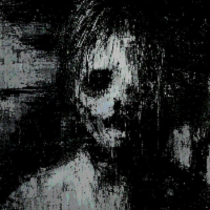 A dark, grainy, black-and-white image of a face peering through vertical bars or streaks, with hollow black eyes and a distressed appearance.