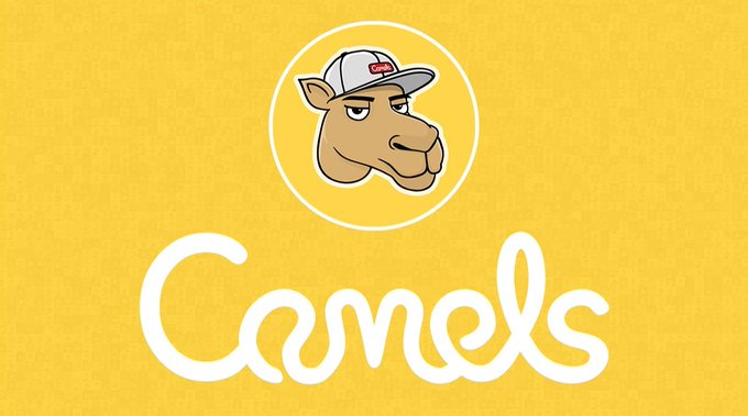 A Camel cigarette pack logo featuring a camel wearing a cap in a circle on a yellow background with the brand name 'Camel' below.