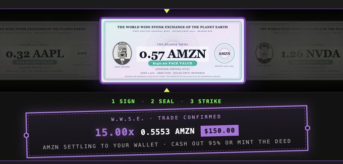 A digital interface titled 'THE WORLD WIDE STONK EXCHANGE OF THIS PLANET EARTH' showing AMZN priced at 0.57 AMZN, with a trade confirmation of 15.00x 0.5553 AMZN for $150.00.