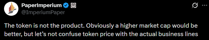 A tweet from PaperImperium (@ImperiumPaper) reads: "The token is not the product. Obviously a higher market cap would be better, but let's not confuse token price with the actual business lines." The post uses this screenshot as evidence that the $MEGA team is indifferent to token price, since a team member publicly stated the token isn't the core product focus.