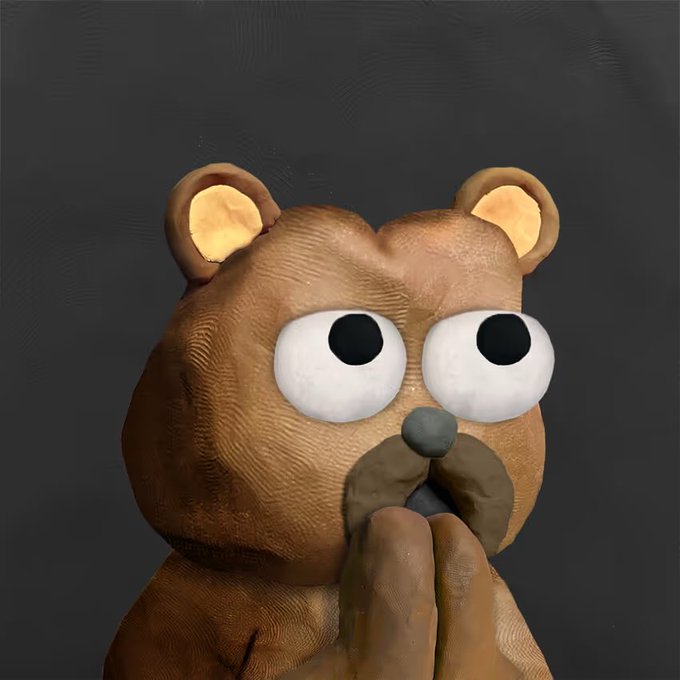 A 3D rendered brown bear character with wide, googly-looking eyes holding its hand to its mouth in a surprised or nervous gesture against a dark background.