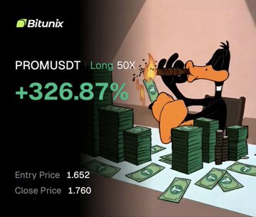 The Bitunix promotional graphic highlights a PROM/USDT long trade with 50x leverage that delivered a +326.87% return, with an entry price of 1.652 and close price of 1.760. The image features the platform's logo alongside a cartoon character lighting a cigar with cash, surrounded by stacks and scattered bills, visually reinforcing the post's celebration of massive leveraged gains on $PROM.