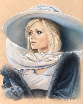 A portrait painting of a blonde woman wearing a wide-brimmed white hat with a white scarf and dark fur-trimmed coat, signed by the artist in the lower right corner.