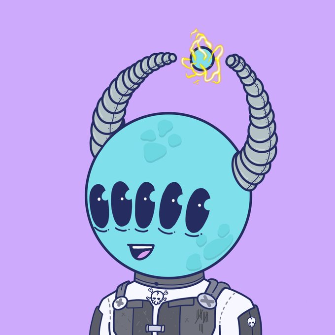 A cartoon drawing shows a light blue, multi-eyed alien with coiled horns floating a glowing orb above its head, smiling and wearing a white and grey outfit with skull details against a purple background.