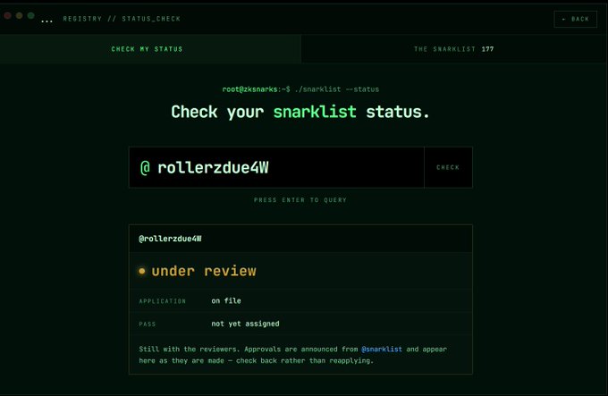 Screenshot of a snarklist status check page showing the user 'rollerzdue4W' with their application 'under review' and pass 'not yet assigned'.