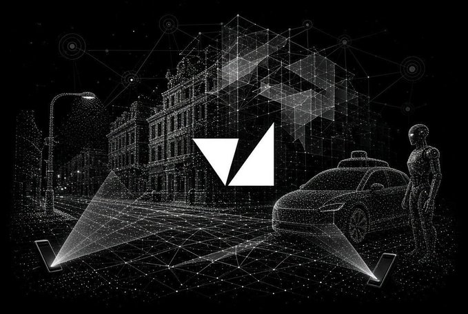 A stylized black-and-white digital illustration shows a glowing geometric network overlaying a city street scene with a humanoid figure, a taxi, buildings, streetlamps, and two smartphones emitting light beams, centered around the VanGrid (vangrid.io) logo. The image visually reinforces the post's message by depicting AI agents (represented by the network and phones) interfacing with the physical world through human data collectors (the figure and taxi) who fulfill on-location requests.