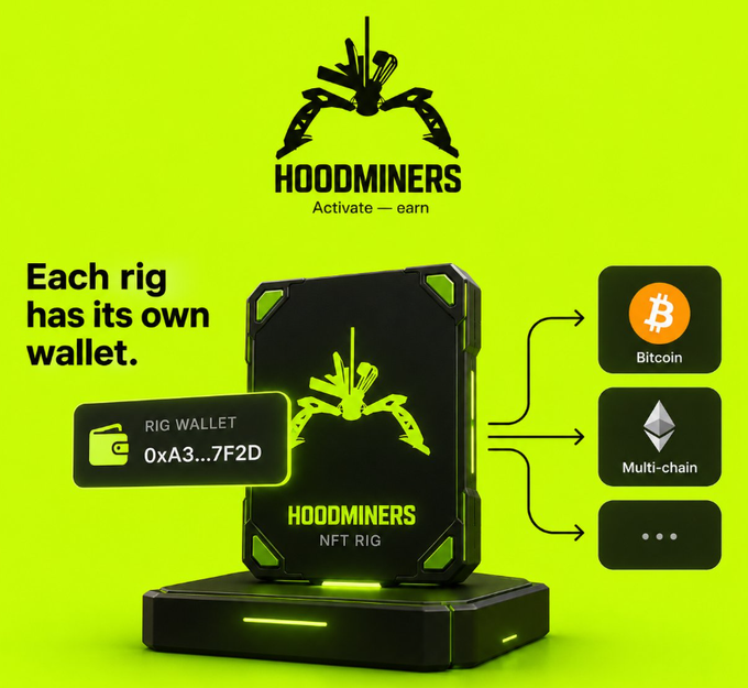 A promotional graphic for 'Hoodminers' featuring a black 'NFT Rig' on a charging base, highlighting that 'Each rig has its own wallet' and showing arrows pointing to Bitcoin and Multi-chain options.