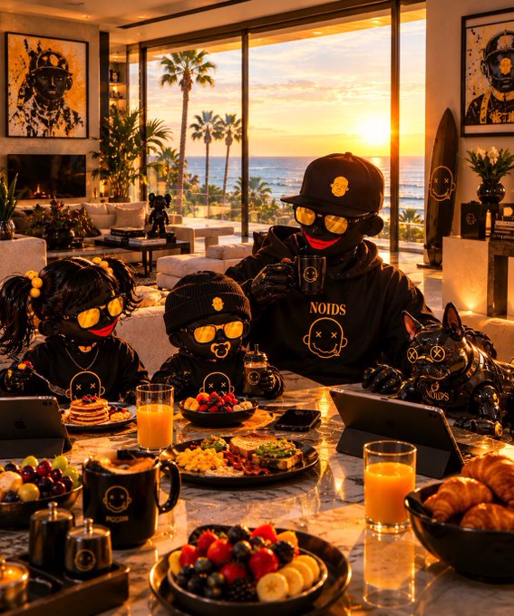 A family wearing matching black sunglasses and dark hoodies with cartoon faces enjoys a breakfast spread in a luxurious oceanfront home at sunset.