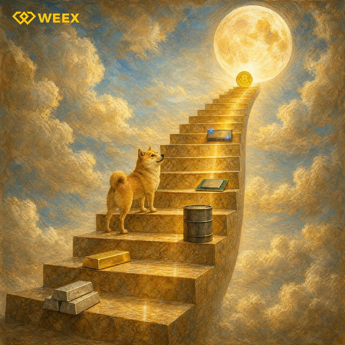 A Shiba Inu stands on a golden staircase ascending toward a glowing moon, with each step marked by different commodities—silver bars, a gold bar, an oil drum, and a Bitcoin—symbolizing the progression of asset values, while the "WEEX" logo appears in the corner. The image visually reinforces the post's message that markets are already moving, capturing the moment of waking up to find the climb to new highs has already begun.