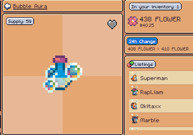 A screenshot of a video game trading interface showing an item named 'Bubble Aura' with a supply of 59, priced at 438 FLOWER ($40.25), with active listings by users like Superman and RapLiam.