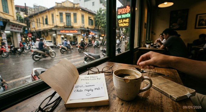 A first-person view from inside a café looking out onto a rainy street with motorbikes, featuring an open book on the table with handwritten text including 'Dế Mèn Phiêu Lưu Ký' and 'Chào Ngày Mới!', alongside a ceramic coffee mug.