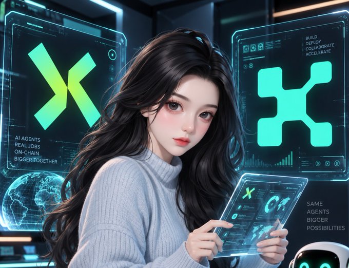 An anime-style illustration of a young woman with long dark hair holding a glowing tablet, surrounded by holographic screens displaying 'X' logos and text like 'AI AGENTS REAL JOBS ON-CHAIN'.