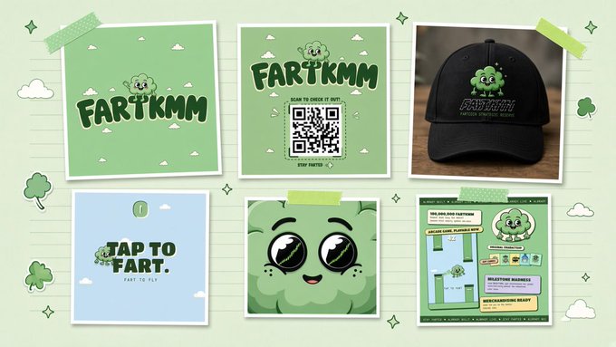 The image displays a brand identity mockup for "FARTKMM," a farting strategic memecoin, featuring its logo, a QR code, a black cap with the emblem, a "Tap to Fart" tagline, a cute cloud character, and gameplay screenshots—all presented in a green, playful aesthetic that ties into the post's "BULLISH!" sentiment by showcasing the project's extensive branding and development.