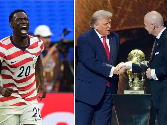 Split image: a USMNT soccer player wearing #20 celebrating, alongside Donald Trump presenting a FIFA World Cup trophy to Gianni Infantino.