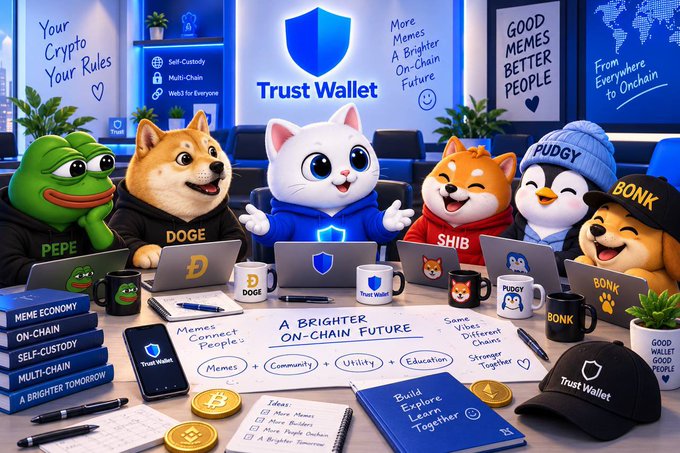 An illustration of cartoon mascot characters (Pepe, Doge, Shiba Inu, Pudgy Penguin, Bonk) gathered around laptops with Trust Wallet branding and crypto-related slogans like 'Your Crypto Your Rules' and 'A Brighter On-Chain Future.'