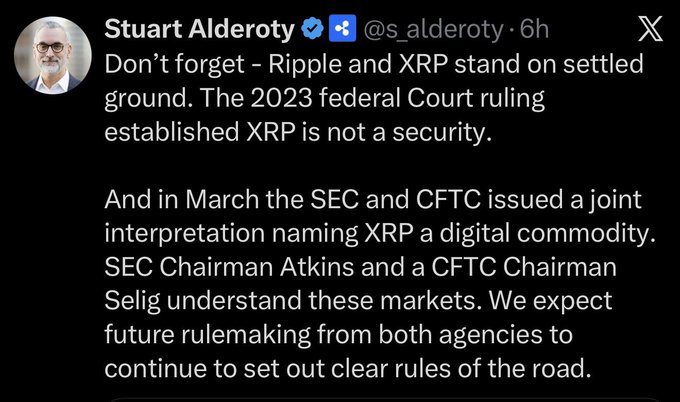 A tweet by Stuart Alderoty (@s_alderoty) argues that XRP's regulatory status is already settled, citing the 2023 federal Court ruling that XRP is not a security and the March SEC/CFTC joint interpretation naming XRP a digital commodity, with expectations of further rulemaking from SEC Chairman Atkins and CFTC Chairman Selig. The image directly supports the accompanying post's claim that Alderoty believes XRP already has regulatory clarity.