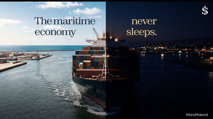 A split-screen advertisement contrasting a daytime cargo ship scene labeled 'The maritime economy' with a nighttime cityscape labeled 'never sleeps,' branded with the EthraProtocol logo.