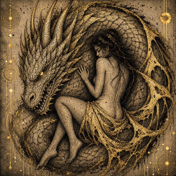 A detailed illustration of a nude woman with elaborate golden tendrils, resting against a fierce, scaled dragon with sharp teeth, rendered in dark tones with golden accents.